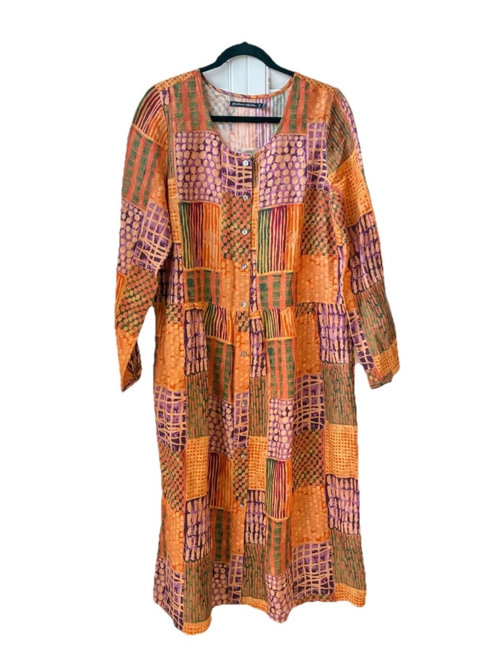 Gudrun Sjoden Patchwork Linen Modal Smock Midi Dress Long Sleeve Button S boho